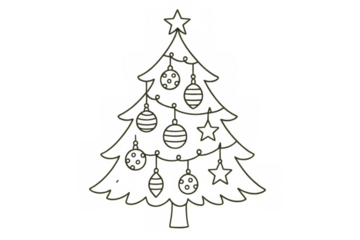 Christmas tree outline drawing with star and ornaments, celebrating festive winter holidays on transparent background