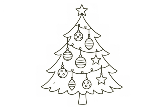 Christmas tree outline drawing with star and ornaments, celebrating festive winter holidays on transparent background