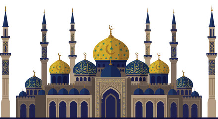 A clean 2D flat vector illustration of a traditional Islamic religious building, featuring prominent domes and tall minaret towers, set against a bright, isolated white background.