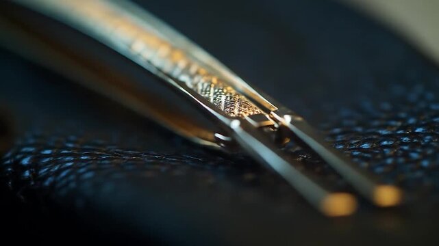 Close-up of a zipper on a dark fabric, with golden light reflecting off the metal teeth, creating a shimmering effect.