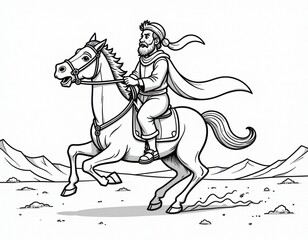Warrior on Horseback Line Art Illustration in Desert