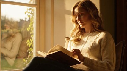 A woman enjoys reading a book by a sunny window in her cozy home - Powered by Adobe