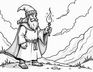 Fantasy Wizard with Torch Line Art Coloring Page