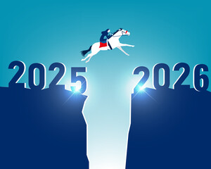 2026. Businesswoman riding a horse juping in to 2026