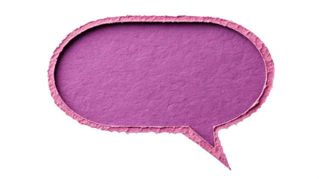 Digital illustration of a purple speech bubble with textured, torn paper effect.
