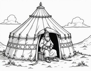 Traditional Nomadic Man by Yurt - Black and White Line Art Illustration