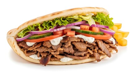 Delicious Gyro Sandwich with Fresh Toppings and Fries