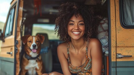 A beautiful woman smiling with a dog beside her in summer landscape slow travel and freedom concept