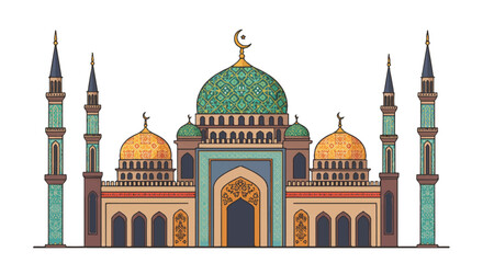 Detailed 2D flat vector illustration showcases a majestic mosque with intricate Islamic architecture, multiple towering minarets, and a large crescent moon set against a clean white backdrop.