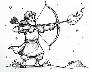 Mythical Archer with Flaming Arrow Line Art Illustration