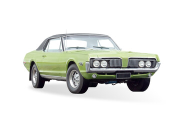 Classic American two-door hardtop car from the late 1960s, green color. Front three-quarter view, isolated on a white background