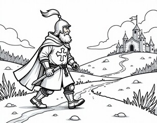 Medieval Knight Journey to Castle Outline Drawing