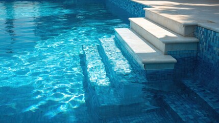 Clear blue water gleams brightly as bright sunlight casts playful shadows enhancing the peaceful scene.