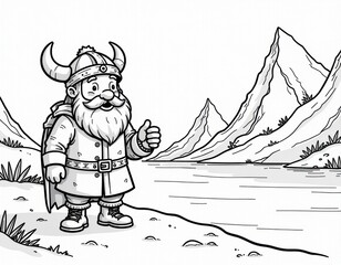 Cheerful Cartoon Viking Thumbs Up Illustration in Mountain Landscape