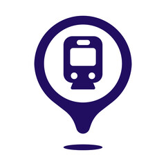 Blue train station location pin icon isolated on transparent background