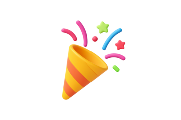 Festive scene with a party popper in the foreground. It's yellow with red horizontal stripes, resembling a classic confetti popper often used at celebrations. No background, isolated png file.