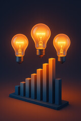 Inspiring innovation and idea generation concept with glowing light bulbs above rising bar chart. visualization of business growth, creativity, and financial success