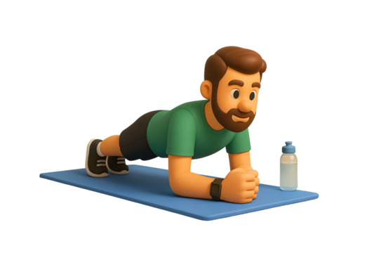 3D model, cartoonish style person performing a plank exercise on a blue mat with a water bottle nearby.