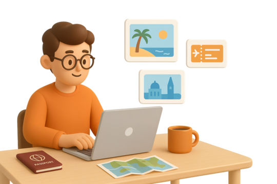 3D model, cartoonish style person sitting at a desk, seemingly engaged in some form of work or study on a laptop computer. No background, transparent png file.