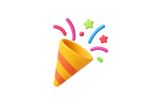 Festive scene with a party popper in the foreground. It's yellow with red horizontal stripes, resembling a classic confetti popper often used at celebrations. No background, isolated png file. - Powered by Adobe