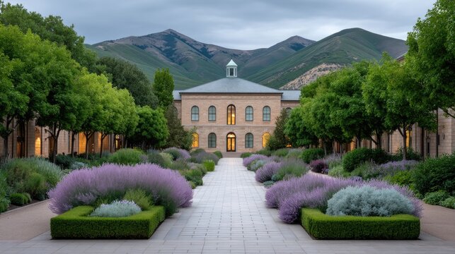 Expansive Estate Grounds Featuring a Grand Stone Building and Lush Formal Gardens Under a Dramatic Sky - Powered by Adobe