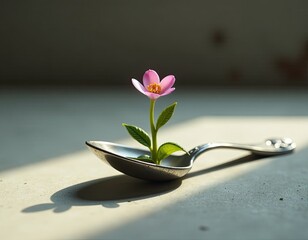 Delicate Pink Flower Growing in Silver Spoon - Symbol of Life, Nurturing, and Growth