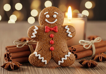 Charming gingerbread man with cinnamon sticks and candle for cozy Christmas holiday season baking designs