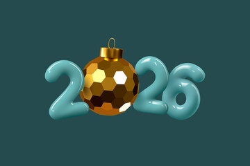 3D render of glossy turquoise 2026 numbers with golden reflective Christmas ornament in the center. Modern festive composition symbolizing New Year celebration and elegant holiday design. Vector