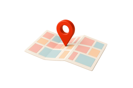 A 3D model, cartoonish style illustration of a folded map with a red location pin centered on it. Set against a transparent, neutral background.