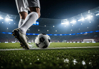 Dynamic action shot of a footballer kicking a soccer ball on a vibrant, illuminated stadium field at night