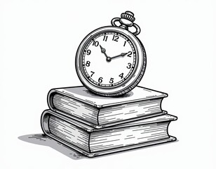 Vintage Pocket Watch on Stack of Books Line Art Illustration
