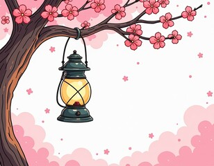 Cute Cherry Blossom Branch with Glowing Lantern Illustration