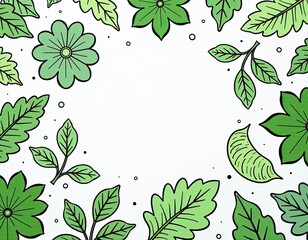 Fresh Green Leaves and Flowers Botanical Frame Border