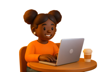 A 3D model, cartoonish rendered illustration features a young Black woman sitting at a round table and working on a laptop. She is smiling broadly and appears to be happy and engaged in her work.