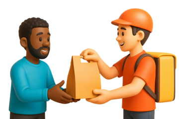 A 3D model, cartoonish illustration on an isolated background depicts a scene of a delivery person handing a paper bag to a customer.