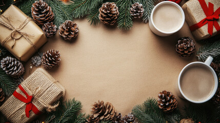 Christmas flat lay composition featuring wrapped gifts, festive ornaments, a warm cup of coffee, pine cones, fir branches, and a blank kraft paper sheet for holiday messages