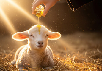 Tranquil scene of anointing oil being poured on a lamb's head in golden sunlight evoking peace and spirituality