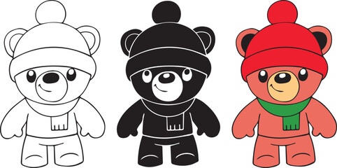 Group of three same teddy bears with different colors and wearing beanie and scarf.