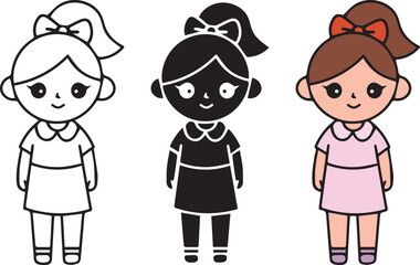 Group of three girl cartoon characters outline, silhouette and colored flat design.