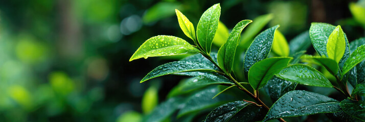 Close-up of fresh green leaves with dew in lush garden