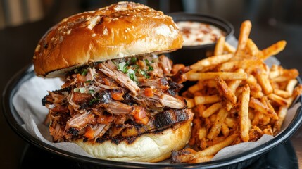 Delicious pulled pork sandwich with crispy fries and coleslaw on a black plate