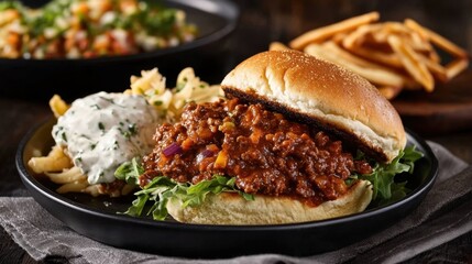 Delicious sloppy joe burger with crispy fries and creamy pasta salad on plate