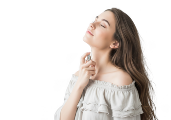 A beautiful woman sprays perfume on her neck isolated on transparent background fragrance and beauty concept for advertising