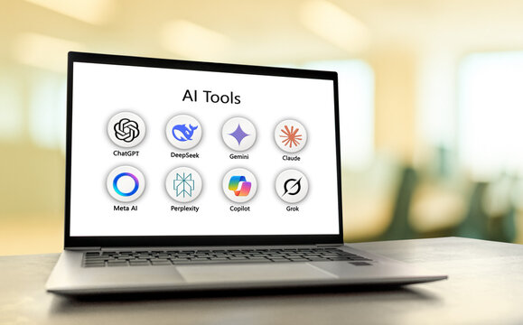 AI tools like ChatGPT, Grok, Gemini displayed on Laptop