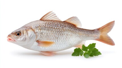 Obraz premium Freshwater Fish Raw and Clean with Parsley Garnish on White Background Illuminated by Studio Lighting