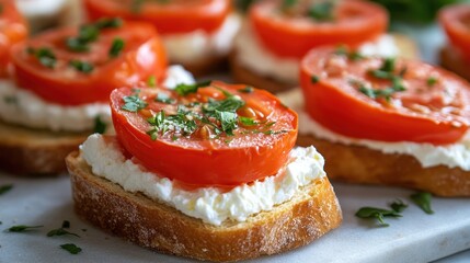 Fresh tomato and cream cheese bruschetta with herbs on rustic bread for appetizer or snack