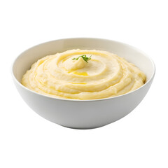 A bowl of creamy mashed potatoes isolated on a transparent or white background. PNG
