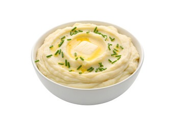 A bowl of creamy mashed potatoes isolated on a transparent or white background. PNG
