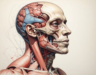 Anatomical illustration showing the human head with exposed muscles, blood vessels, and brain