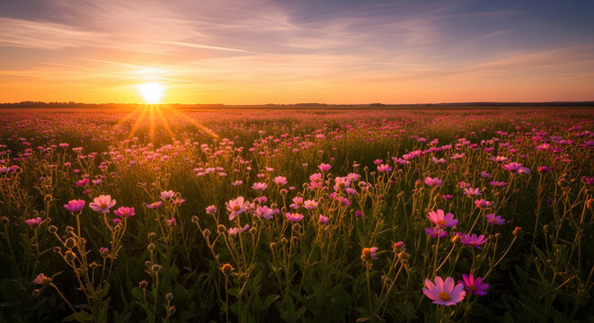 Field of vibrant pink flowers under setting sun with clear sky and transparent background - Powered by Adobe